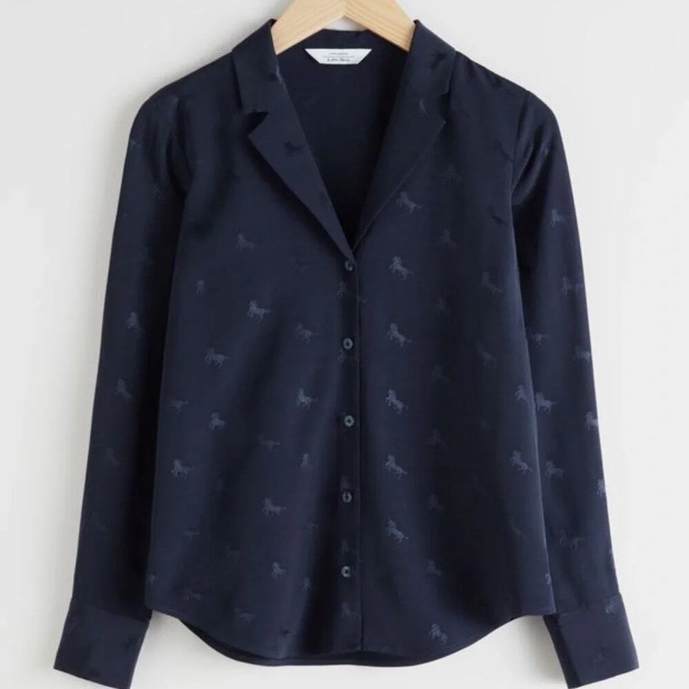 & Other Stories Navy Blue Button Down Blouse Horse Print Dress Shirt US 4